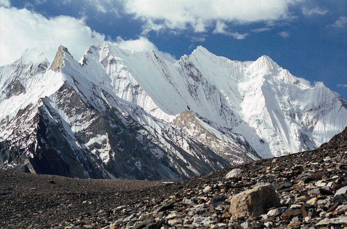 01 Vigne Peak From Upper Baltoro Glacier We trekked up the medial moraine of the Upper Baltoro Glacier with a good view of Vigne Peak across the glacier.